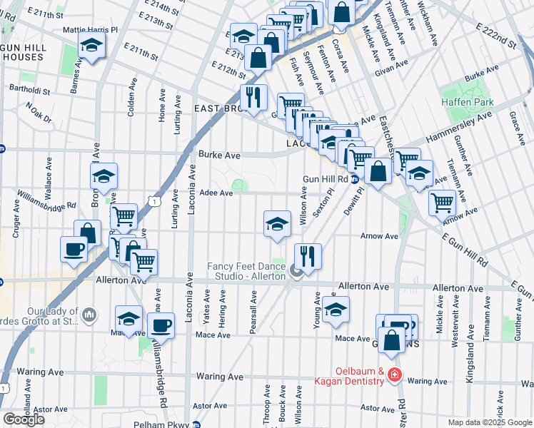 map of restaurants, bars, coffee shops, grocery stores, and more near 1244 Adee Avenue in Bronx