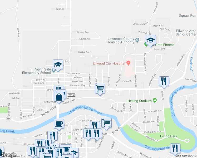 map of restaurants, bars, coffee shops, grocery stores, and more near 132 Hazel Avenue in Ellwood City