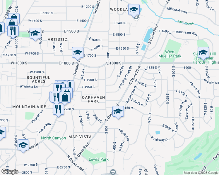map of restaurants, bars, coffee shops, grocery stores, and more near 1912 South Jeri Drive in Bountiful