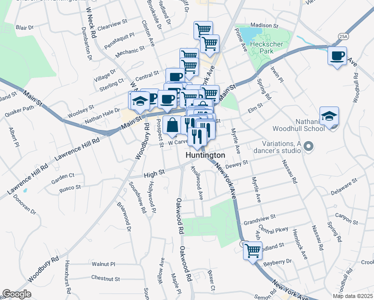 map of restaurants, bars, coffee shops, grocery stores, and more near 8 West Carver Street in Huntington