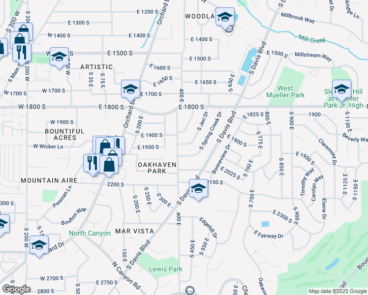 map of restaurants, bars, coffee shops, grocery stores, and more near 1912 South Jeri Drive in Bountiful