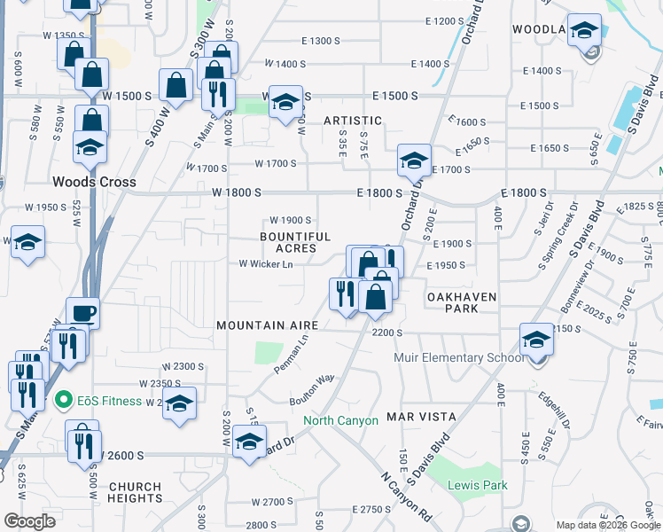 map of restaurants, bars, coffee shops, grocery stores, and more near 15 East Wicker Lane in Bountiful