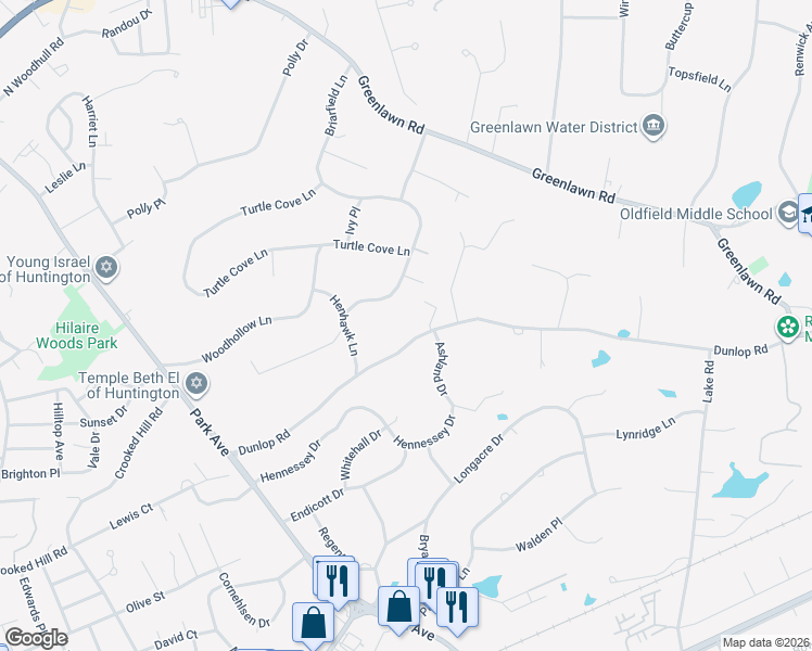 map of restaurants, bars, coffee shops, grocery stores, and more near 9 Briarfield Lane in Huntington