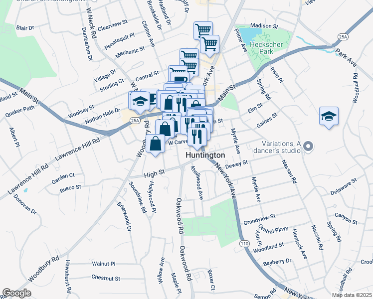 map of restaurants, bars, coffee shops, grocery stores, and more near 151 West Carver Street in Huntington