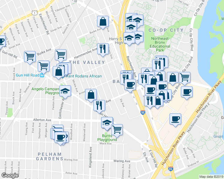 map of restaurants, bars, coffee shops, grocery stores, and more near 2842 Bruner Avenue in Bronx