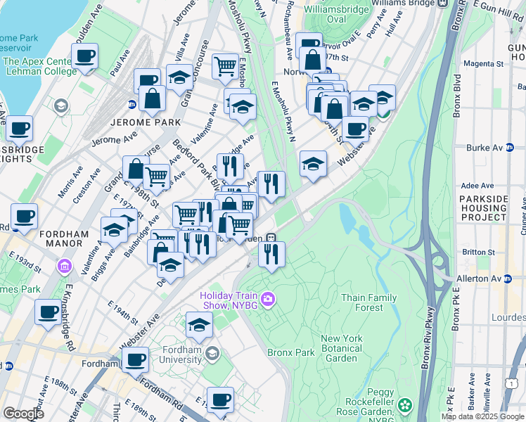 map of restaurants, bars, coffee shops, grocery stores, and more near 383 East 201st Street in The Bronx