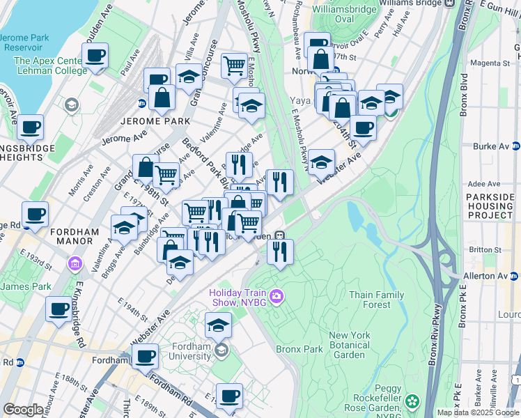 map of restaurants, bars, coffee shops, grocery stores, and more near 383 East 201st Street in The Bronx