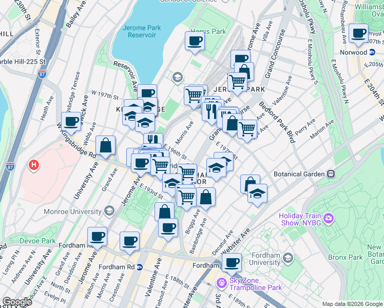 map of restaurants, bars, coffee shops, grocery stores, and more near 2781 Grand Concourse in The Bronx