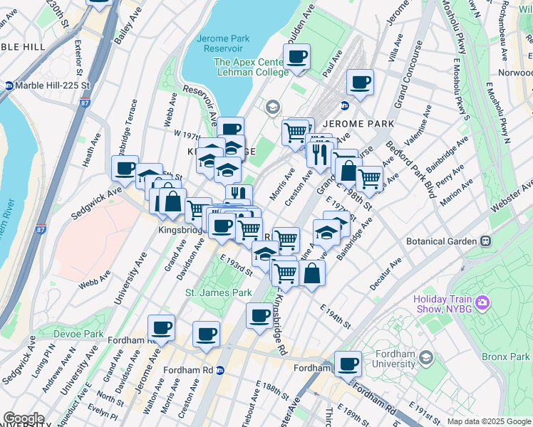 map of restaurants, bars, coffee shops, grocery stores, and more near 2758 Morris Avenue in Bronx