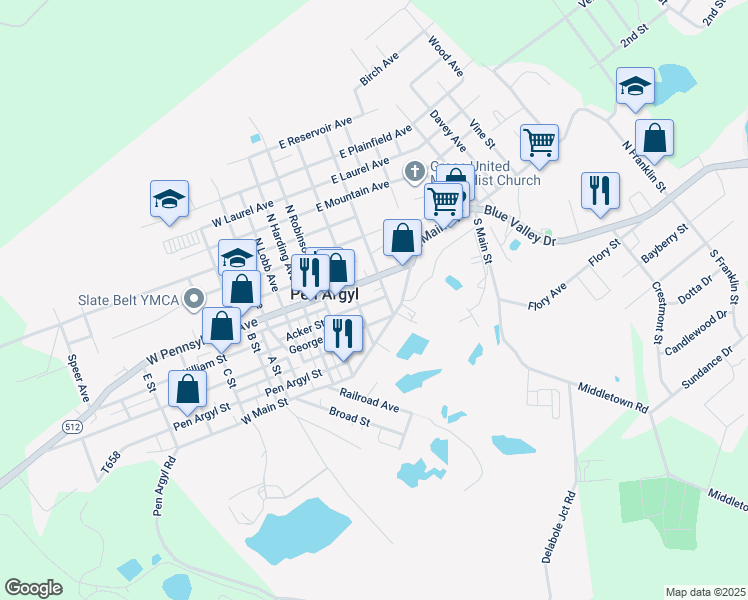 map of restaurants, bars, coffee shops, grocery stores, and more near 104 East Pennsylvania Avenue in Pen Argyl