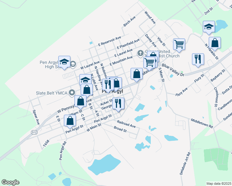 map of restaurants, bars, coffee shops, grocery stores, and more near in Pen Argyl