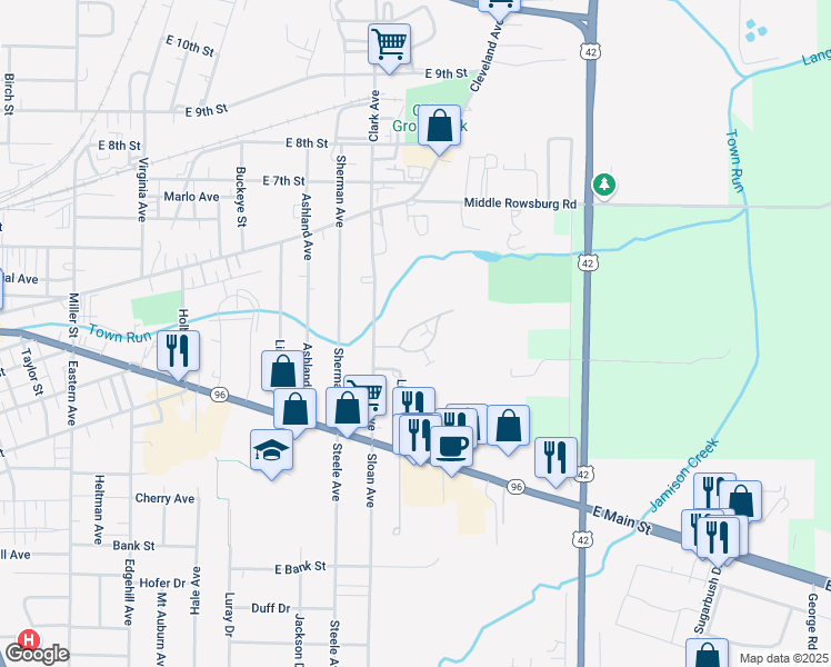 map of restaurants, bars, coffee shops, grocery stores, and more near 1174 Village Lane in Ashland