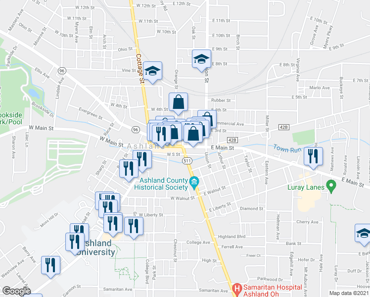 map of restaurants, bars, coffee shops, grocery stores, and more near 46 East Main Street in Ashland