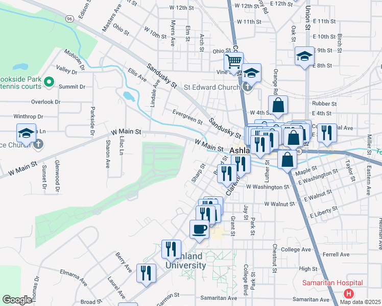 map of restaurants, bars, coffee shops, grocery stores, and more near 523 West Main Street in Ashland