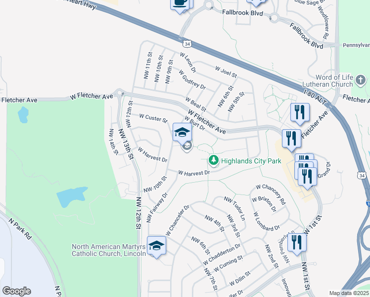 map of restaurants, bars, coffee shops, grocery stores, and more near 5700 Northwest 10th Street in Lincoln