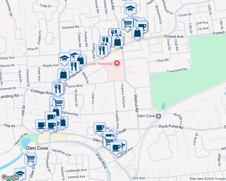 map of restaurants, bars, coffee shops, grocery stores, and more near 69 Franklin Avenue in Glen Cove