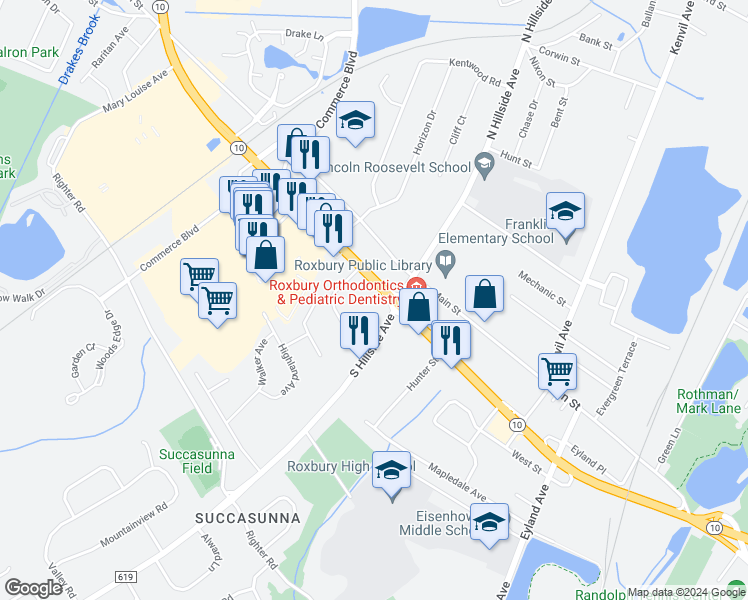 map of restaurants, bars, coffee shops, grocery stores, and more near 201 New Jersey 10 in Roxbury Township