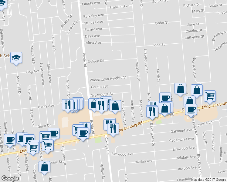 map of restaurants, bars, coffee shops, grocery stores, and more near 35 Wyandotte Street in Selden