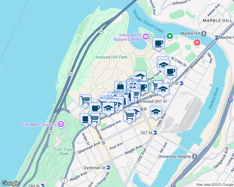 map of restaurants, bars, coffee shops, grocery stores, and more near Seaman Avenue & West 204th Street in New York