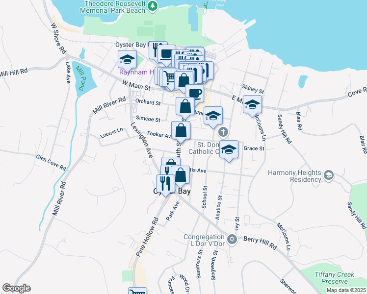 map of restaurants, bars, coffee shops, grocery stores, and more near 216 South Street in Oyster Bay