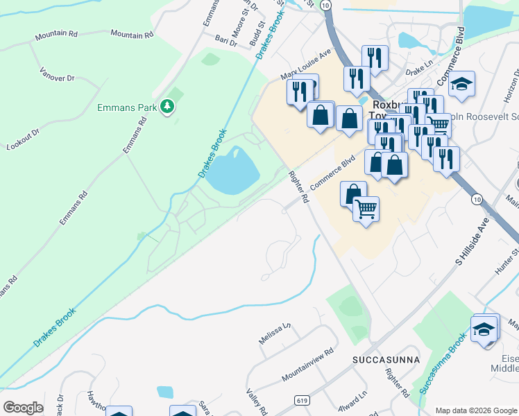 map of restaurants, bars, coffee shops, grocery stores, and more near 52 Woods Edge Drive in Roxbury Township