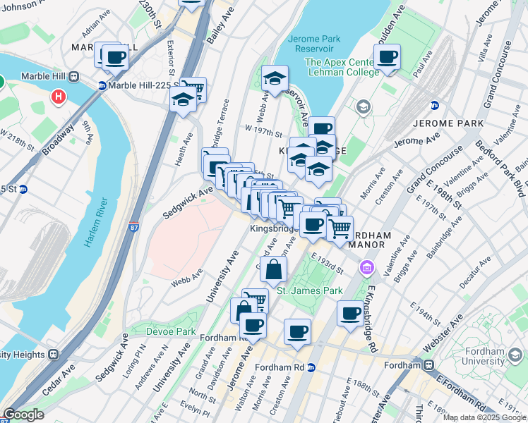 map of restaurants, bars, coffee shops, grocery stores, and more near 2690 University Avenue in Bronx