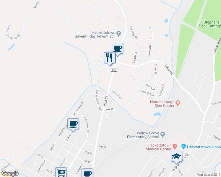 map of restaurants, bars, coffee shops, grocery stores, and more near 30 Tow Path Drive in Hackettstown