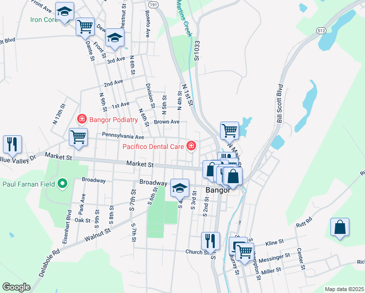 map of restaurants, bars, coffee shops, grocery stores, and more near 346 Pennsylvania Avenue in Bangor