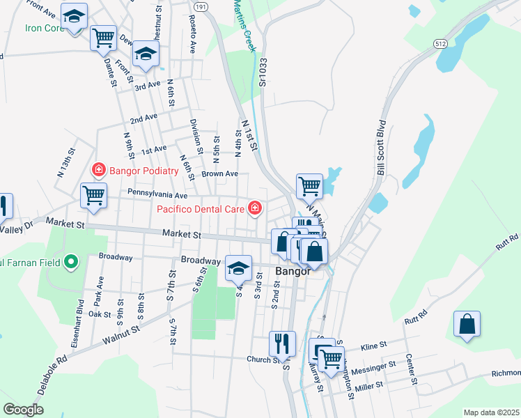 map of restaurants, bars, coffee shops, grocery stores, and more near 69 South 3rd Street in Bangor