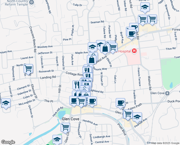 map of restaurants, bars, coffee shops, grocery stores, and more near 7 North Lane in Glen Cove
