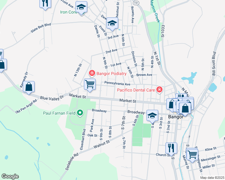 map of restaurants, bars, coffee shops, grocery stores, and more near 62 North 8th Street in Bangor