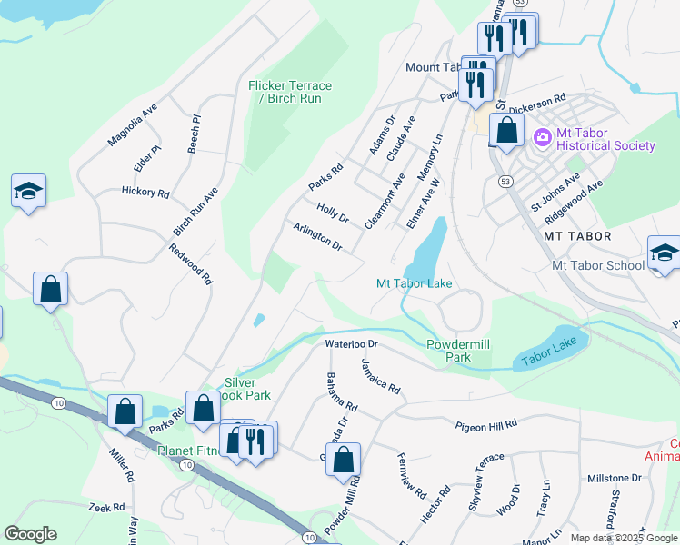 map of restaurants, bars, coffee shops, grocery stores, and more near 20 Arlington Drive in Denville