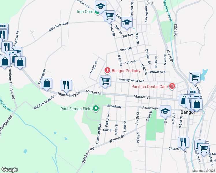 map of restaurants, bars, coffee shops, grocery stores, and more near 35 North 11th Street in Bangor