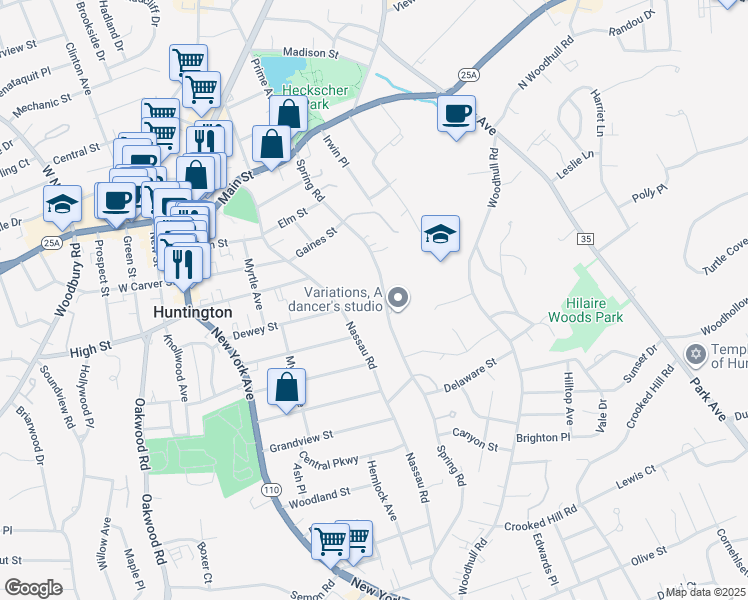 map of restaurants, bars, coffee shops, grocery stores, and more near 161 Spring Road in Huntington
