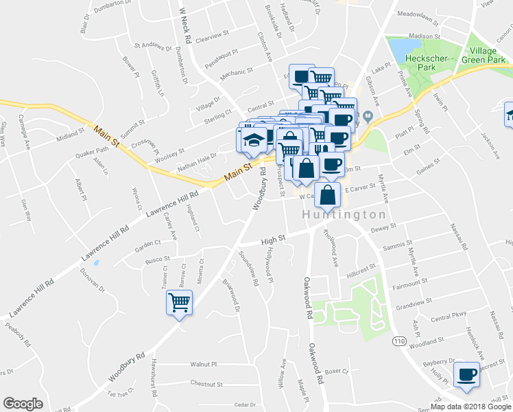 map of restaurants, bars, coffee shops, grocery stores, and more near 77 Woodbury Road in Huntington