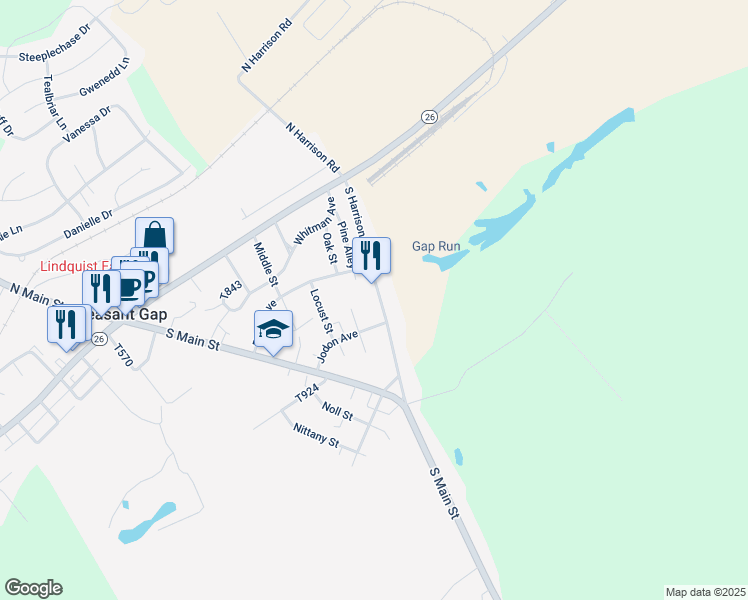 map of restaurants, bars, coffee shops, grocery stores, and more near 210 South Harrison Road in Pleasant Gap