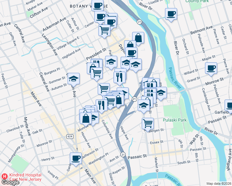 map of restaurants, bars, coffee shops, grocery stores, and more near 49 Parker Avenue in Passaic