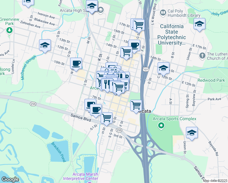 map of restaurants, bars, coffee shops, grocery stores, and more near 791 8th Street in Arcata