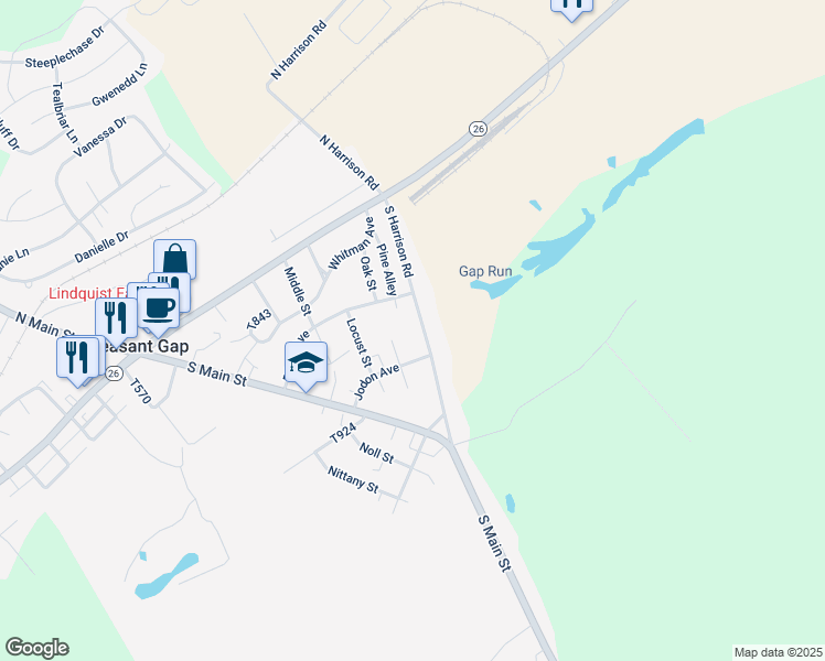 map of restaurants, bars, coffee shops, grocery stores, and more near 210 South Harrison Road in Pleasant Gap