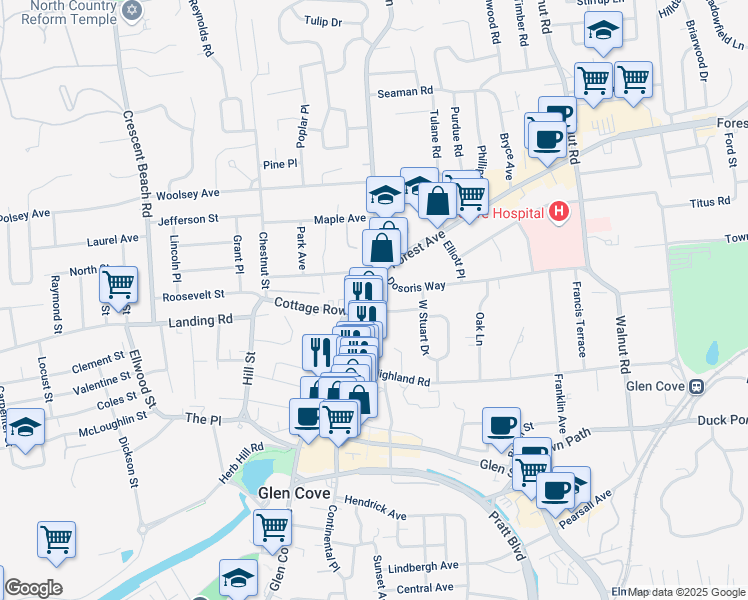 map of restaurants, bars, coffee shops, grocery stores, and more near 7 North Lane in Glen Cove
