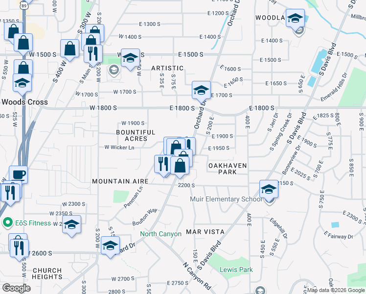 map of restaurants, bars, coffee shops, grocery stores, and more near 98e East 2000 South in Bountiful