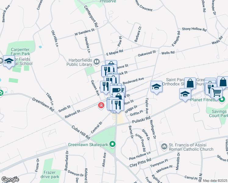 map of restaurants, bars, coffee shops, grocery stores, and more near in Greenlawn
