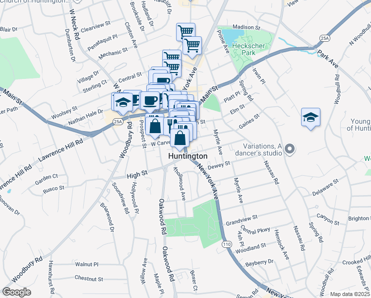map of restaurants, bars, coffee shops, grocery stores, and more near 8 West Carver Street in Huntington