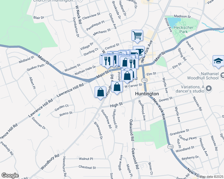 map of restaurants, bars, coffee shops, grocery stores, and more near 77 Woodbury Road in Huntington