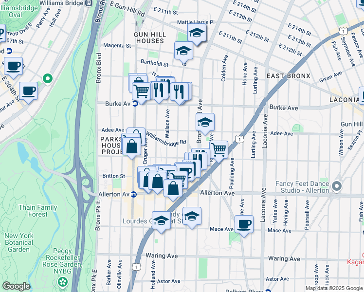 map of restaurants, bars, coffee shops, grocery stores, and more near 2952 Williamsbridge Road in Bronx