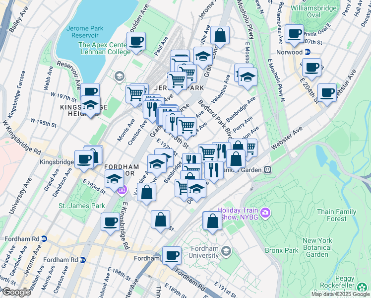 map of restaurants, bars, coffee shops, grocery stores, and more near 271 East 198th Street in Bronx