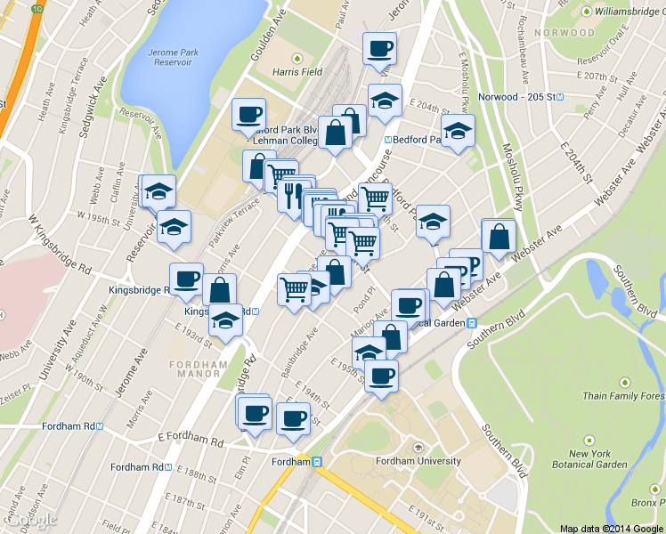 map of restaurants, bars, coffee shops, grocery stores, and more near 2834 Valentine Avenue in Bronx