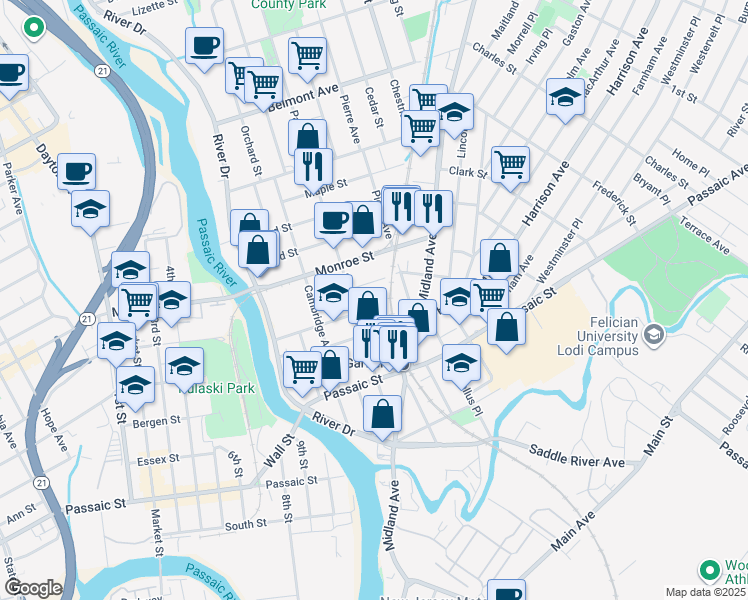 map of restaurants, bars, coffee shops, grocery stores, and more near 41 Commerce Street in Garfield