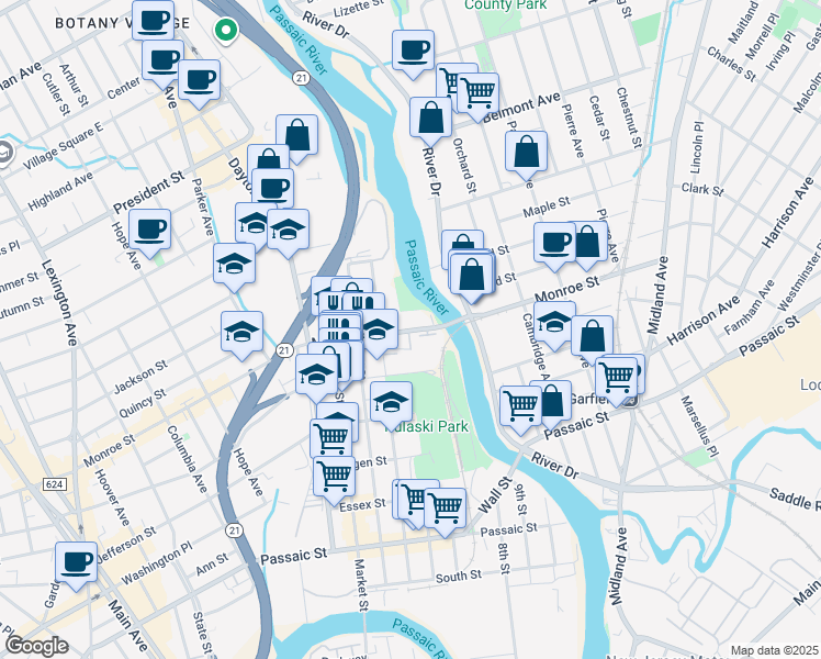 map of restaurants, bars, coffee shops, grocery stores, and more near 2 Monroe Street in Passaic