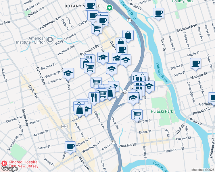 map of restaurants, bars, coffee shops, grocery stores, and more near 49 Parker Avenue in Passaic
